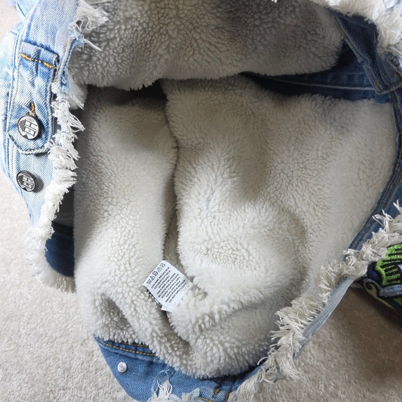 Denim Sherpa Jacket 2XL Tiger Embroidered Distressed Streetwear Legends Rose Bee - Picture 11 of 12